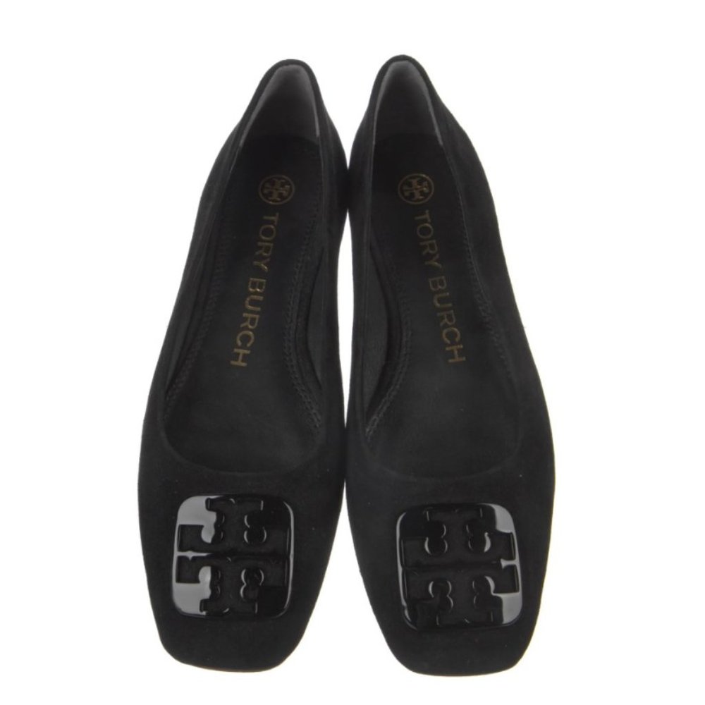 Tory Burch Georgia Black Suede Logo Ballet Flats